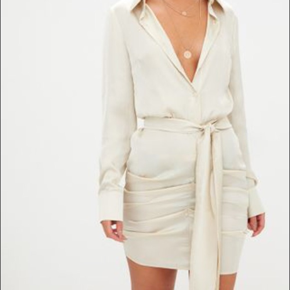 Champagne Satin Ruched Shirt Dress